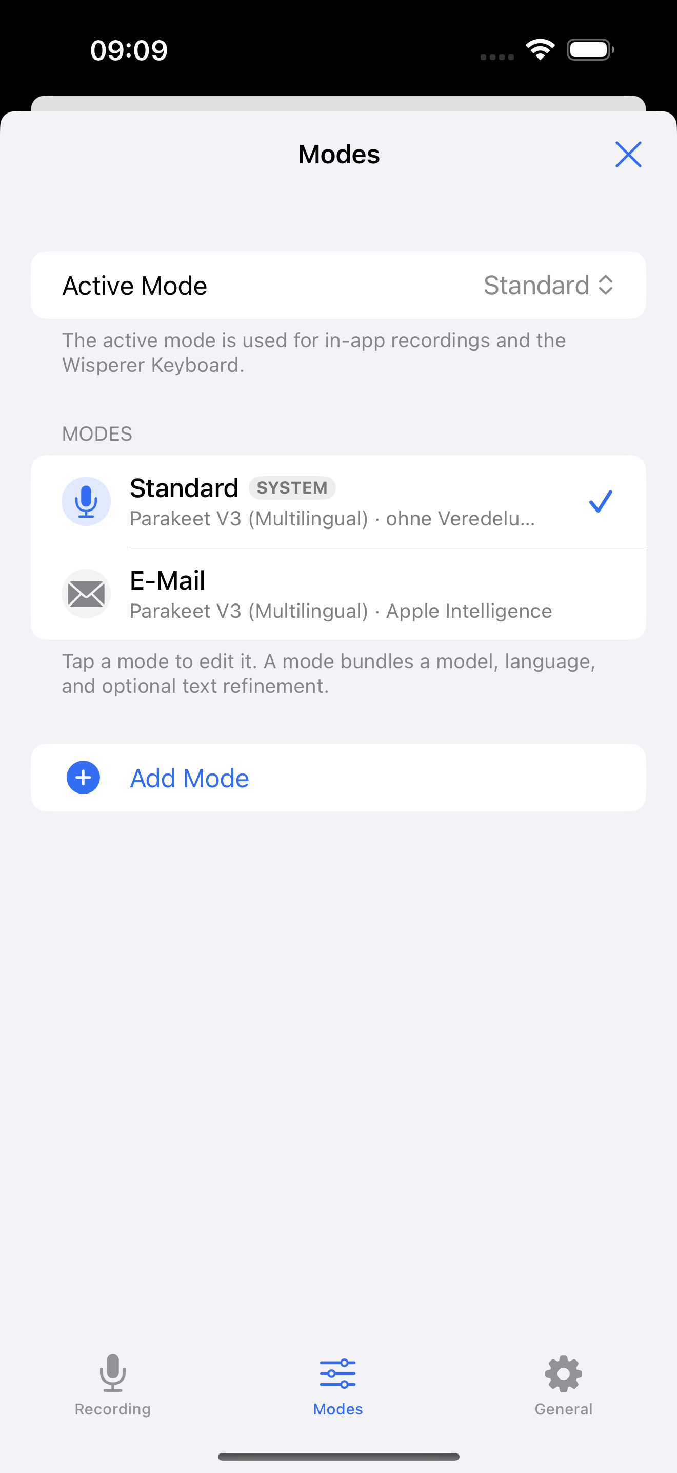 Modes list