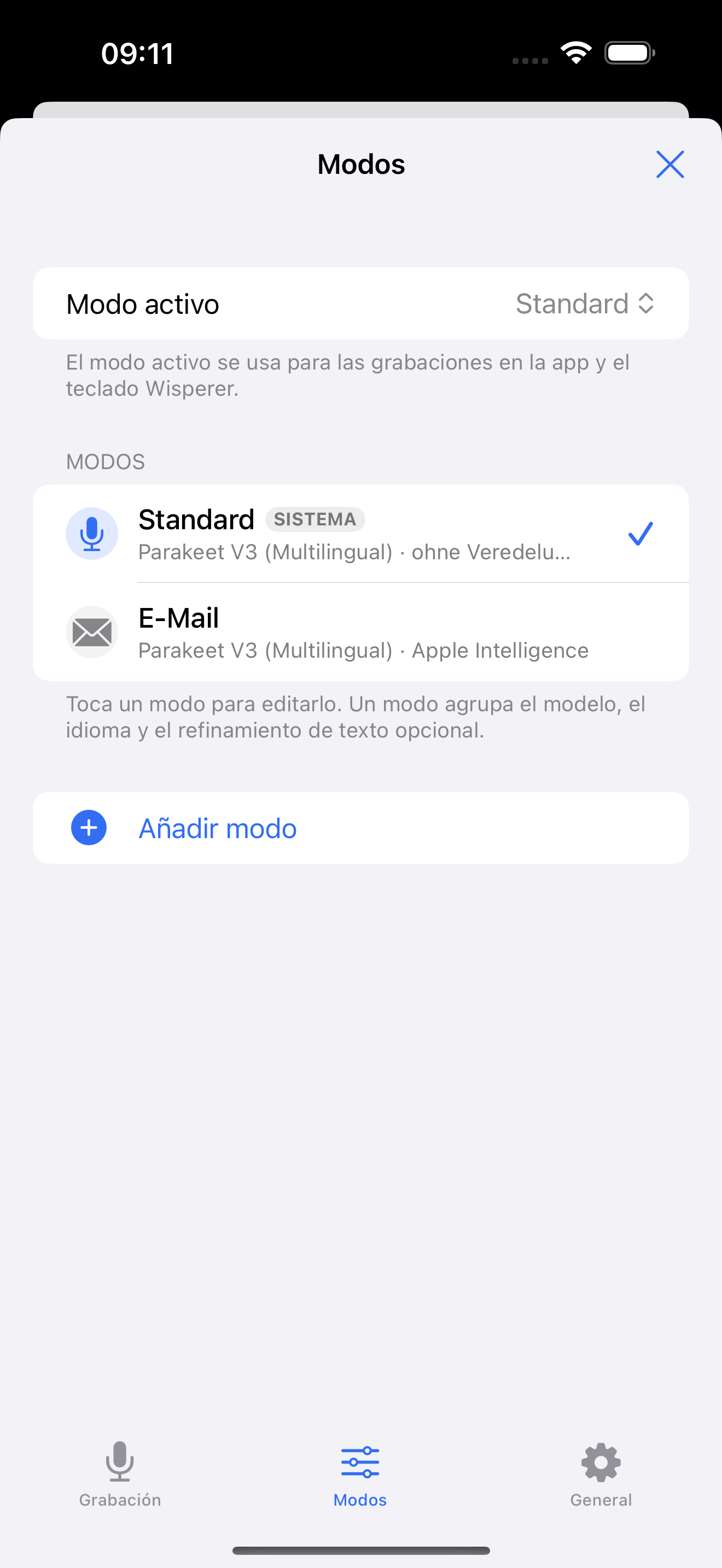 Lista de modos